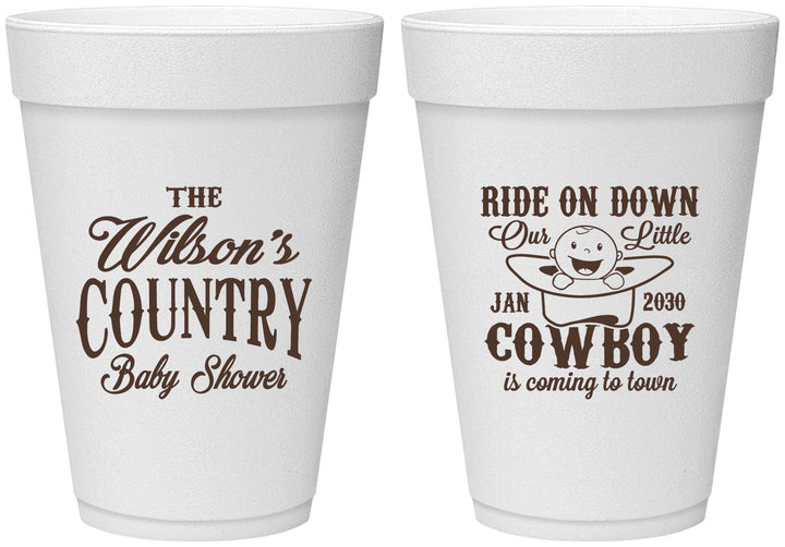 Personalized Baby Shower 16 oz Foam Cups - Cowboy Coming To Town | 90105