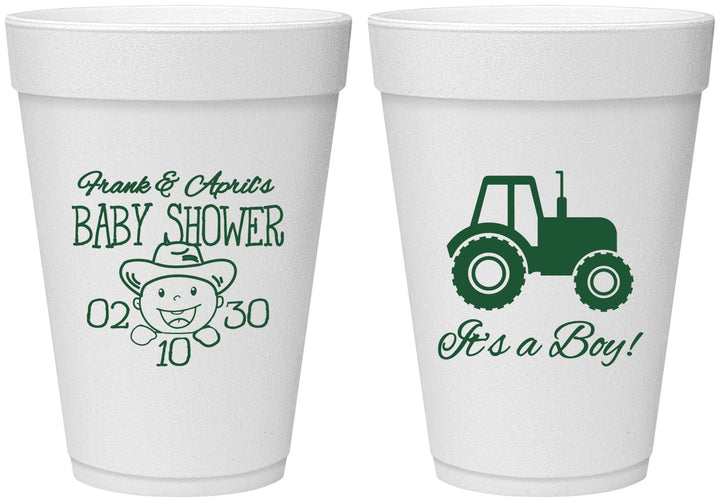 Personalized Baby Shower 16 oz Foam Cups - Tractor | 90109