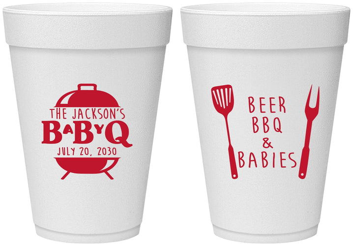 Personalized Baby Shower 16 oz Foam Cups - Beers Bbq Babies | 90112