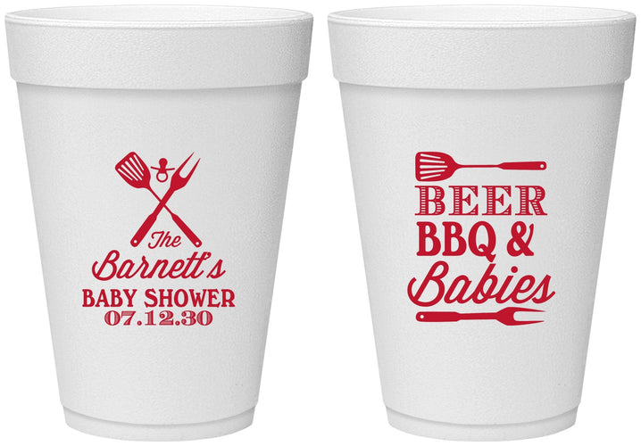 Personalized Baby Shower 16 oz Foam Cups - Beers Bbq Babies | 90113