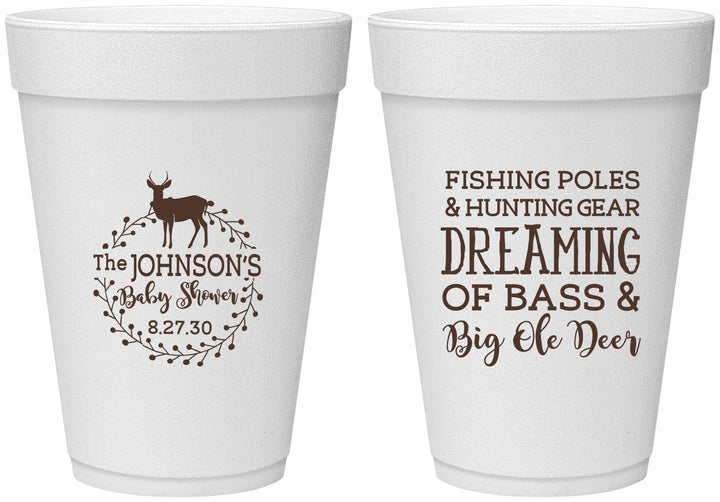 Personalized Baby Shower 16 oz Foam Cups - Fishing Hunting | 90119