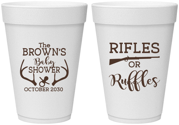 Personalized Baby Shower 16 oz Foam Cups - Rifles Or Ruffles | 90122
