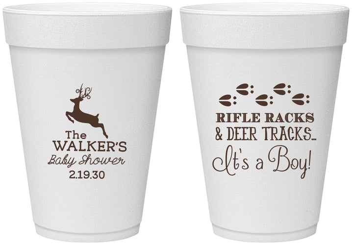 Personalized Baby Shower 16 oz Foam Cups - Rifle Racks Deer Tracks | 90128