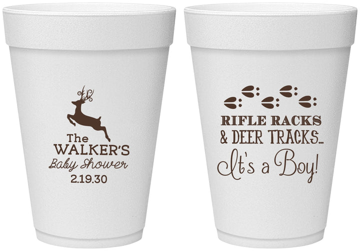 Personalized Baby Shower 16 oz Foam Cups - Rifle Racks Deer Tracks | 90128
