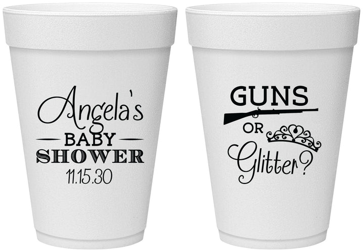 Personalized Baby Shower 16 oz Foam Cups - Guns Or Glitter | 90130