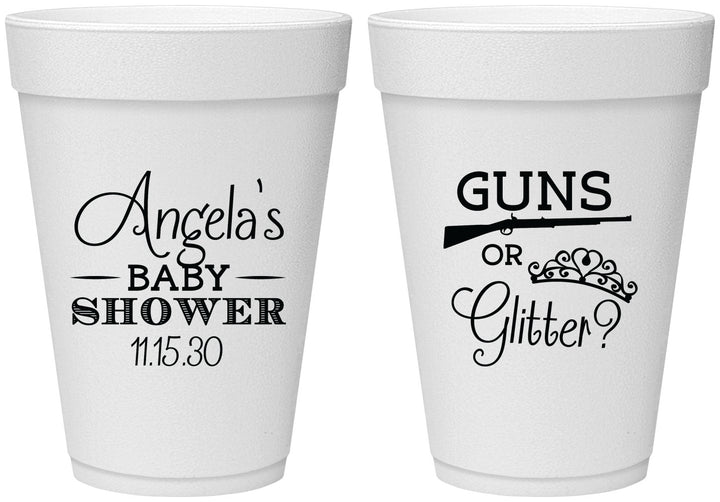 Personalized Baby Shower 16 oz Foam Cups - Guns Or Glitter | 90130