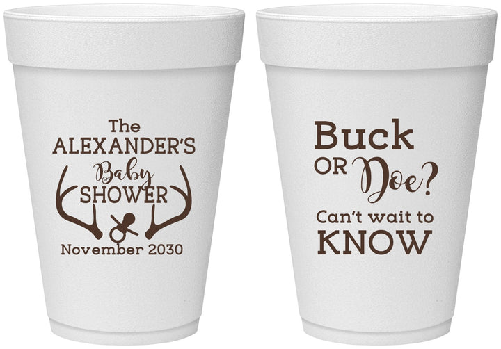 Personalized Baby Shower 16 oz Foam Cups - Gender Reveal Buck Or Doe | 90131