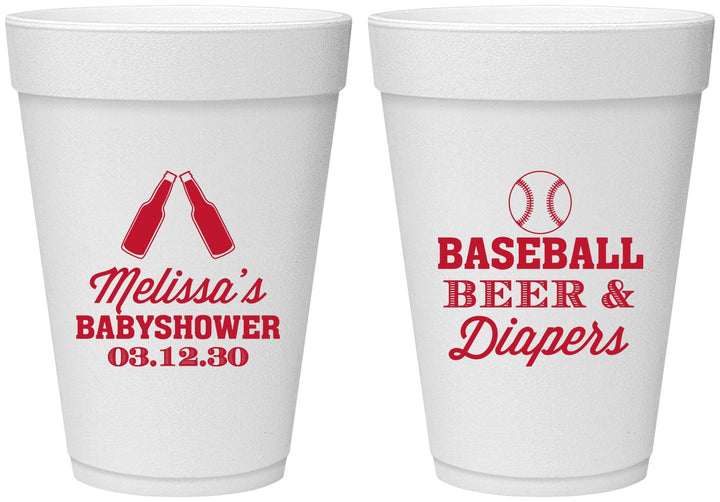 Personalized Baby Shower 16 oz Foam Cups - Baseball Beer Diapers | 90132