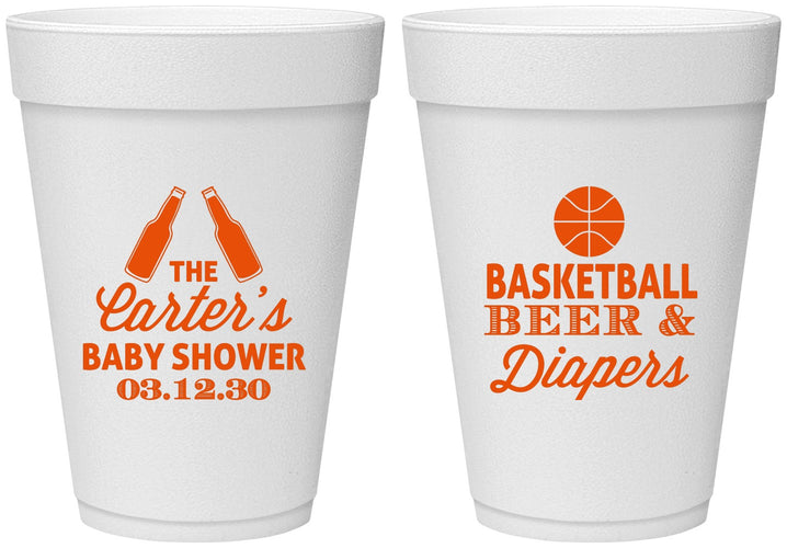 Personalized Baby Shower 16 oz Foam Cups - Basketball Beer Diapers | 90133