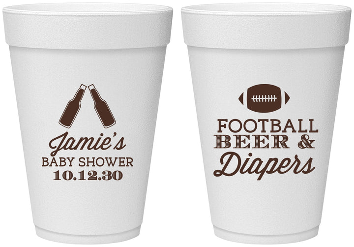 Personalized Baby Shower 16 oz Foam Cups - Football Beer Diapers | 90148