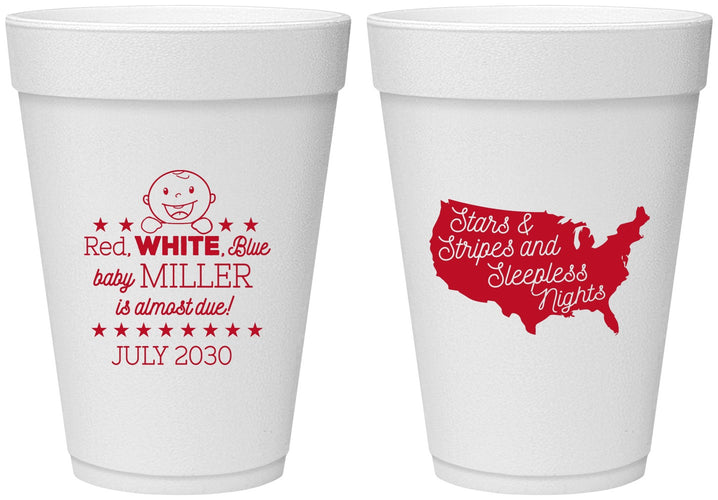 Personalized Baby Shower 16 oz Foam Cups - Red White Blue | 90197
