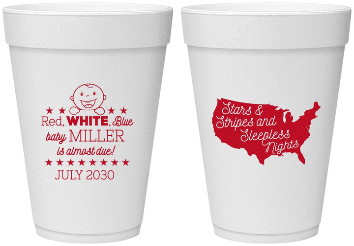 Personalized Baby Shower 16 oz Foam Cups - Red White Blue | 90197
