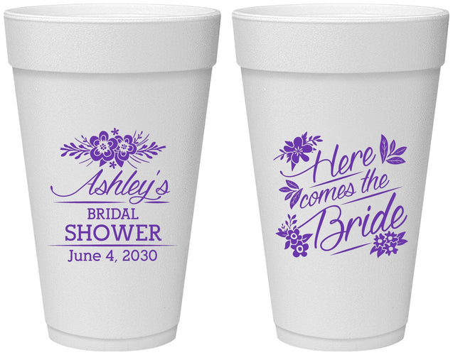 Personalized Bridal Shower 20 oz Foam Cups - Here Comes The Bride | 100000
