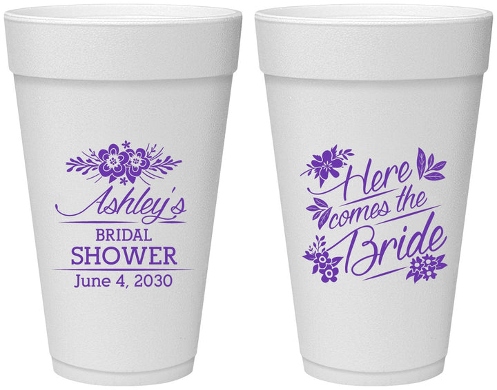 Personalized Bridal Shower 20 oz Foam Cups - Here Comes The Bride | 100000