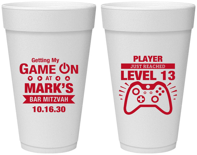 Personalized Bar Mitzvah 20 oz Foam Cups - 13th Birthday Video Game | 110013