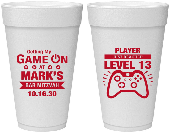 Personalized Bar Mitzvah 20 oz Foam Cups - 13th Birthday Video Game | 110013