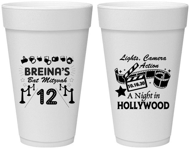 Personalized Bat Mitzvah 20 oz Foam Cups - 12th Birthday Hollywood | 120006