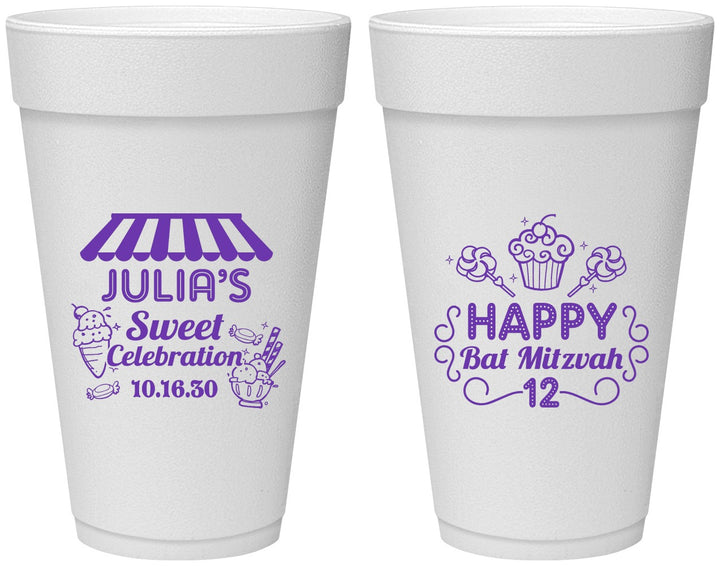 Personalized Bat Mitzvah 20 oz Foam Cups - 12th Birthday Cupcake | 120010