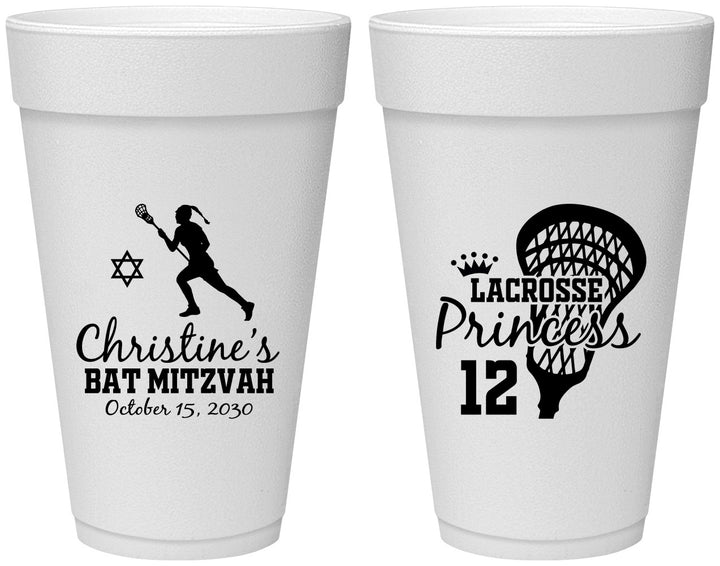 Personalized Bat Mitzvah 20 oz Foam Cups - 12th Birthday Lacrosse | 120017
