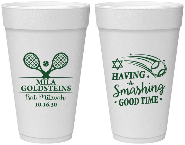 Personalized Bat Mitzvah 20 oz Foam Cups - 12th Birthday Tennis | 120018