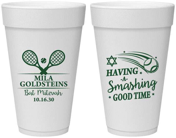 Personalized Bat Mitzvah 20 oz Foam Cups - 12th Birthday Tennis | 120018