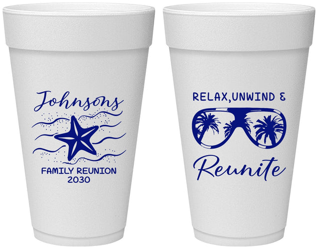 Personalized Family Reunion 20 oz Foam Cups - Relax Unwind Reunite | 160019
