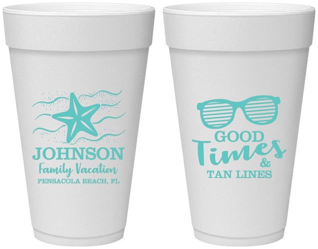 Personalized Family Vacation 20 oz Foam Cups - Good Times Tan Lines | 180003
