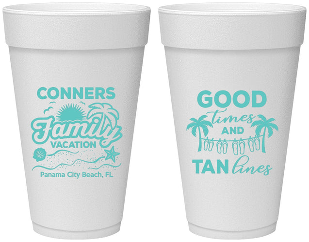Personalized Family Vacation 20 oz Foam Cups - Good Times Tan Lines | 180005