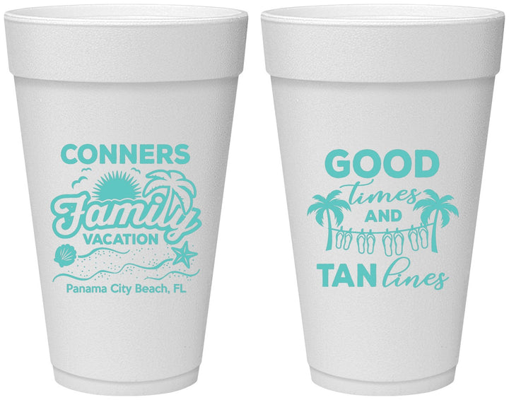 Personalized Family Vacation 20 oz Foam Cups - Good Times Tan Lines | 180005