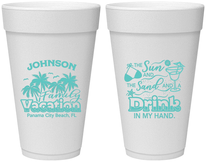 Personalized Family Vacation 20 oz Foam Cups - Sun And Sand Beach | 180007