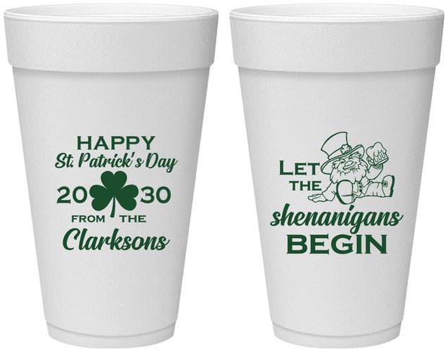Personalized St Patricks Day 20 oz Foam Cups - Shenanigans Leprechaun | 200011