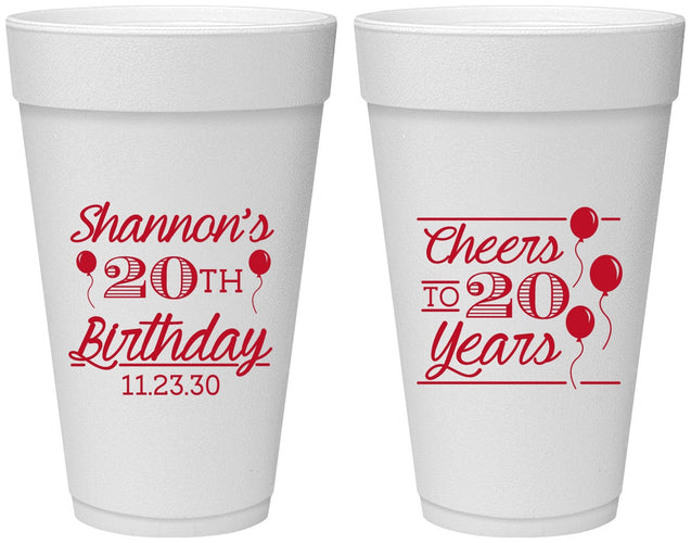 Personalized Birthday 20 oz Foam Cups - Cheers To 20 Years | 20004