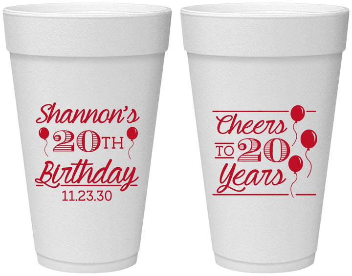 Personalized Birthday 20 oz Foam Cups - Cheers To 20 Years | 20004