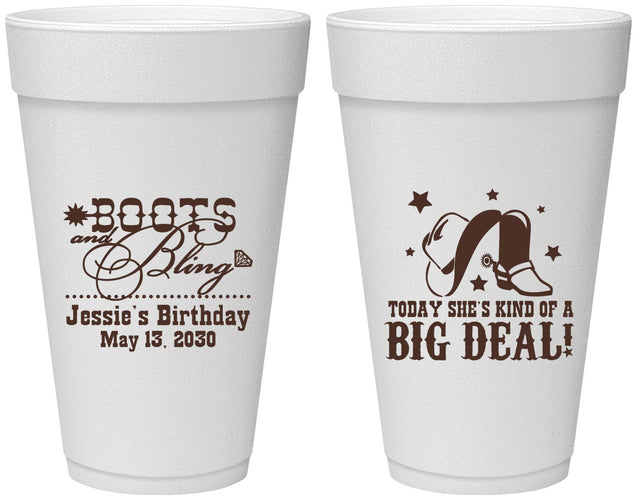 Personalized Birthday 20 oz Foam Cups - Boots And Bling | 20038