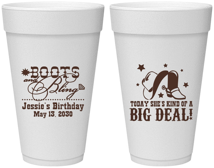 Personalized Birthday 20 oz Foam Cups - Boots And Bling | 20038