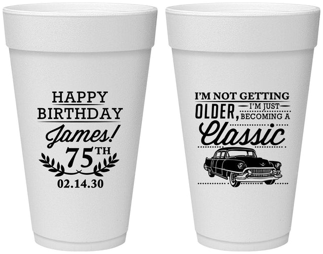 Personalized Birthday 20 oz Foam Cups - 75th Classic Car | 20055