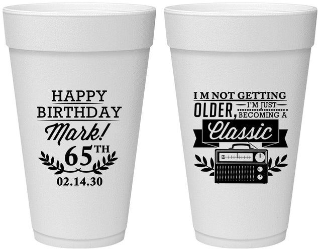 Personalized Birthday 20 oz Foam Cups - 65th Classic Radio | 20056