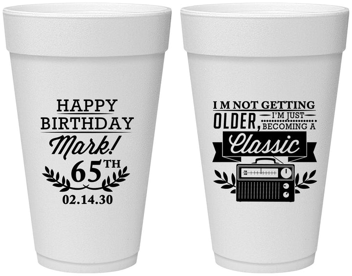 Personalized Birthday 20 oz Foam Cups - 65th Classic Radio | 20056