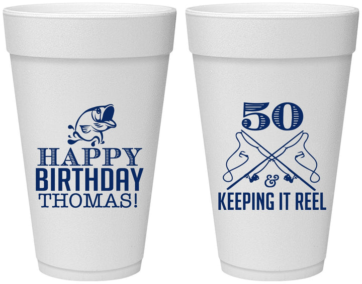 Personalized Birthday 20 oz Foam Cups - 50th Keeping It Reel | 20066