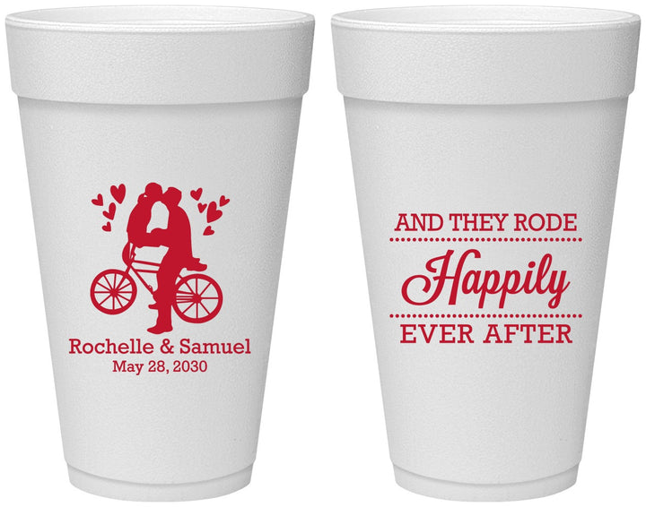Personalized Wedding 20 oz Foam Cups - Happily Ever After Bicycle | 201