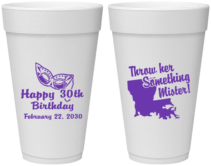 Personalized Birthday 20 oz Foam Cups - 30th Mardi Gras | 20146