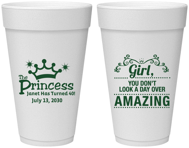 Personalized Birthday 20 oz Foam Cups - 40th Princess | 20152