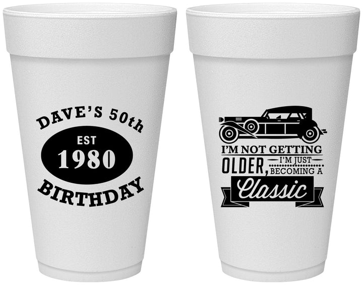 Personalized Birthday 20 oz Foam Cups - 50th Classic Car | 20156