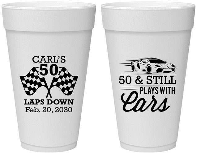 Personalized Birthday 20 oz Foam Cups - 50th Race Car | 20187