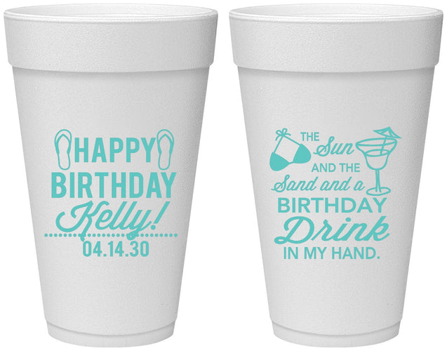 Personalized Birthday 20 oz Foam Cups - Sun Sand Drink Hand | 20202