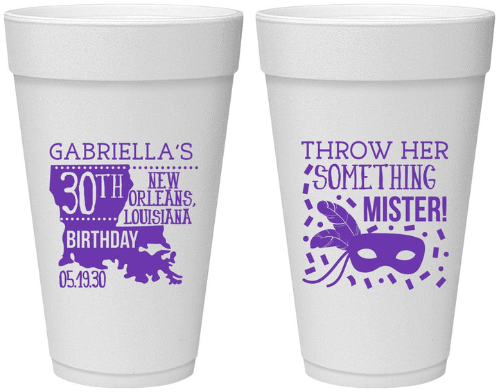 Personalized Birthday 20 oz Foam Cups - 30th Mardi Gras | 20246
