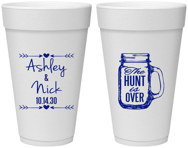 Personalized Wedding 20 oz Foam Cups - The Hunt Is Over Mason Jar | 211