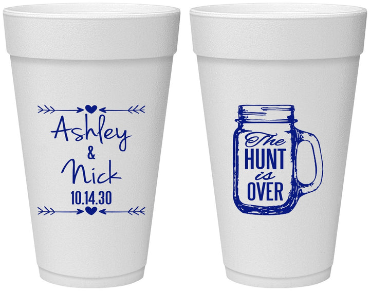 Personalized Wedding 20 oz Foam Cups - The Hunt Is Over Mason Jar | 211