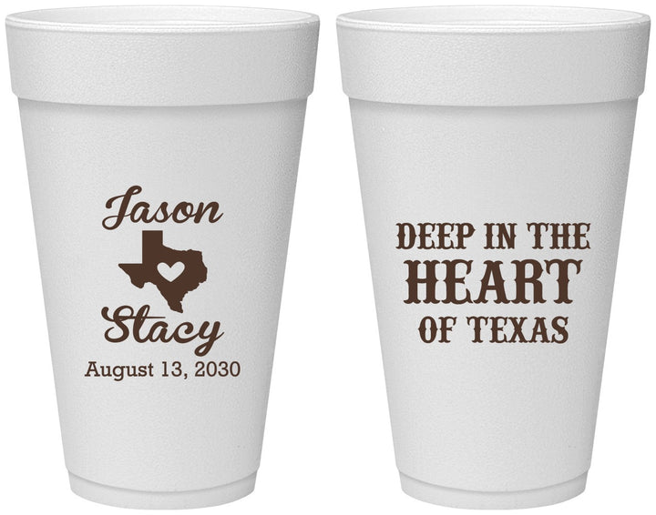 Personalized Wedding 20 oz Foam Cups - Deep In The Heart Of Texas | 214