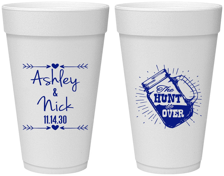 Personalized Wedding 20 oz Foam Cups - The Hunt Is Over Mason Jar | 218